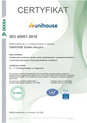 Unihouse Certyfikat ISO 45001